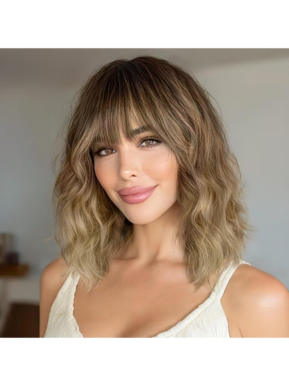 Women's Brown ombre blonde Short Shoulder Curly with Bangs 16 Inch Synthetic Wig